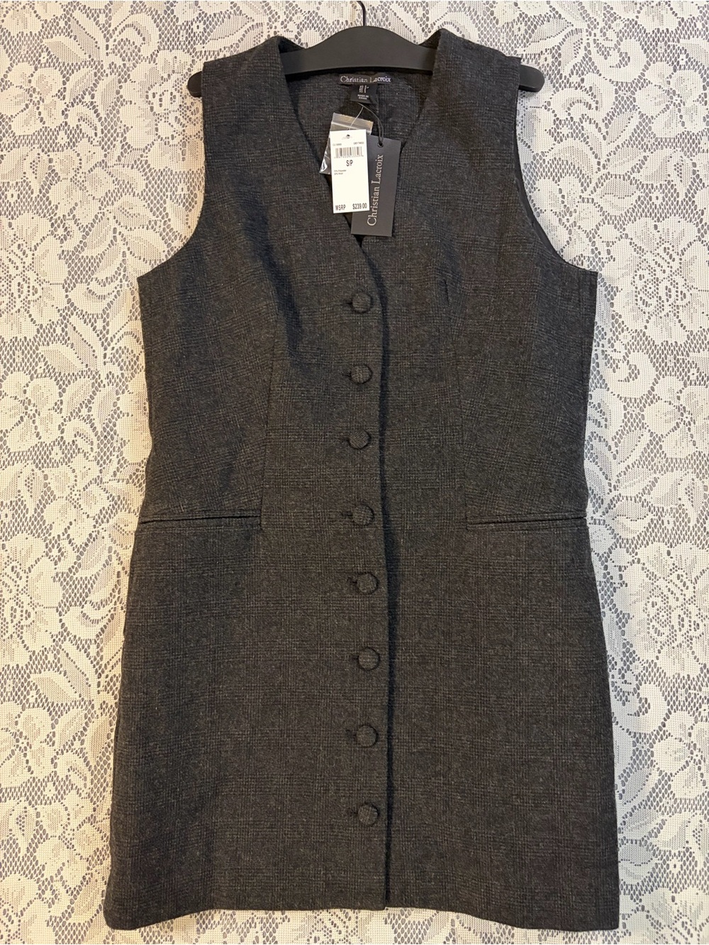 Christian Lacroix Wool Blend Button Front Grey Tweed Plaid Vest Dress